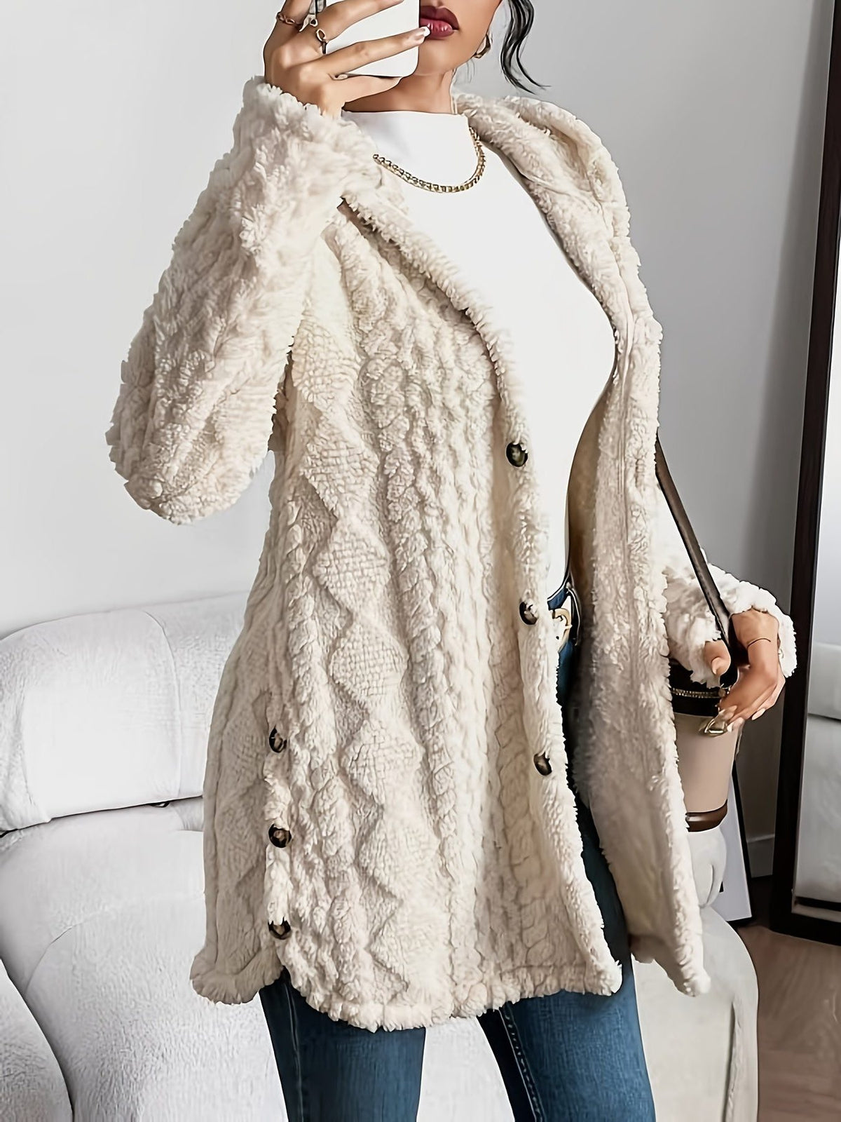 Textured Long Coat with Hood for Women