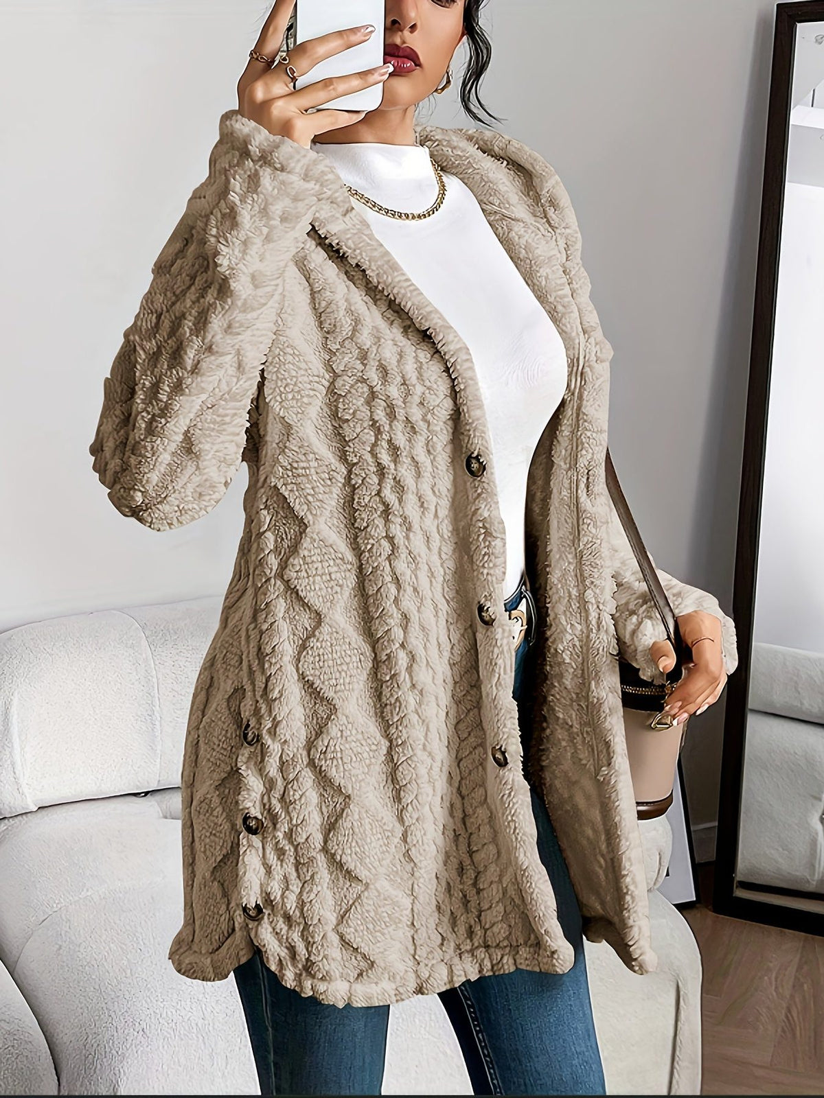 Textured Long Coat with Hood for Women - Khaki