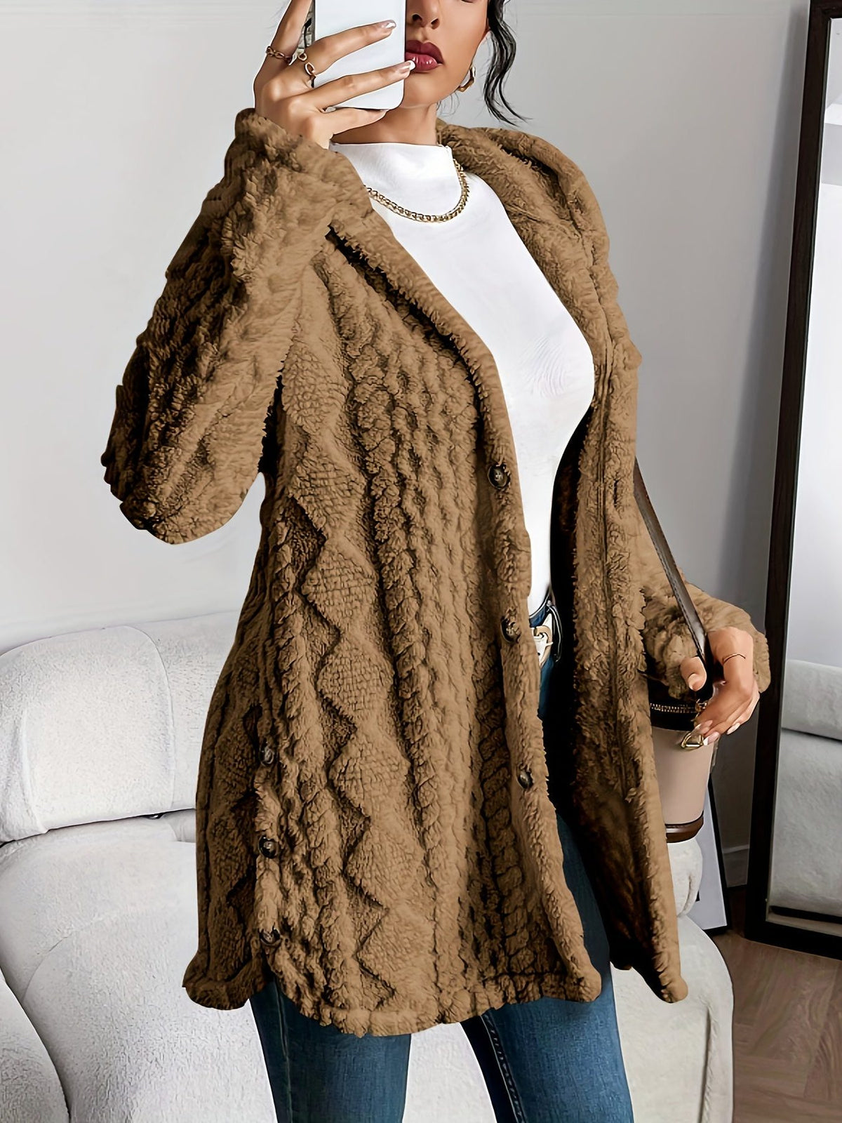 Textured Long Coat with Hood for Women - Brown