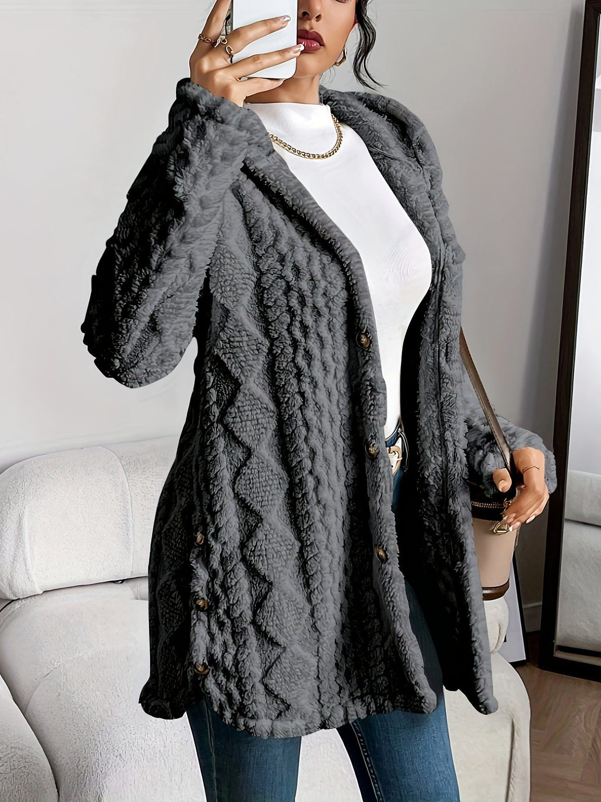 Textured Long Coat with Hood for Women - Gray