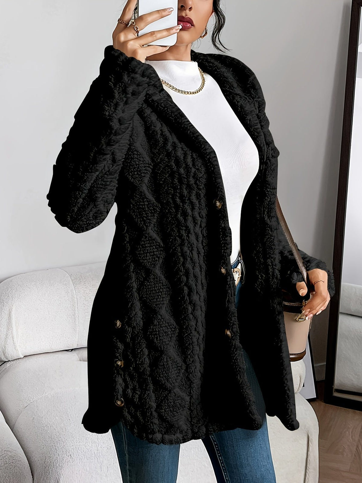 Textured Long Coat with Hood for Women - Black