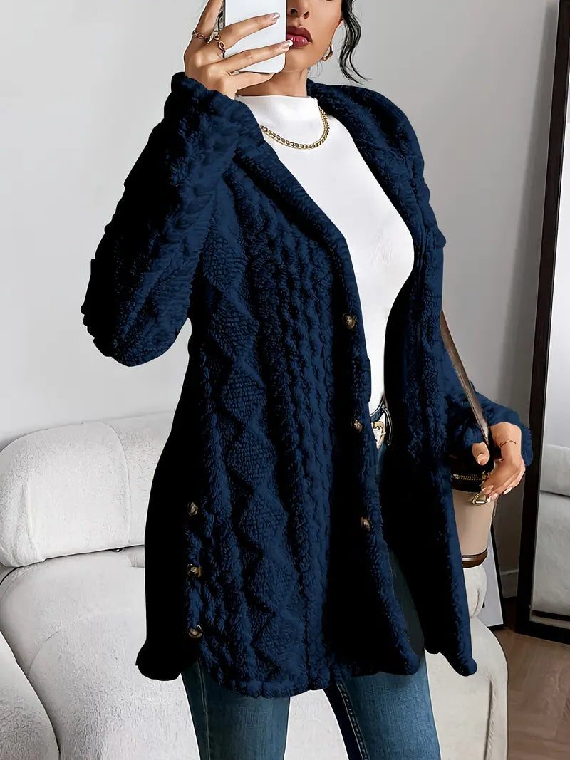 Textured Long Coat with Hood for Women - Navy Blue