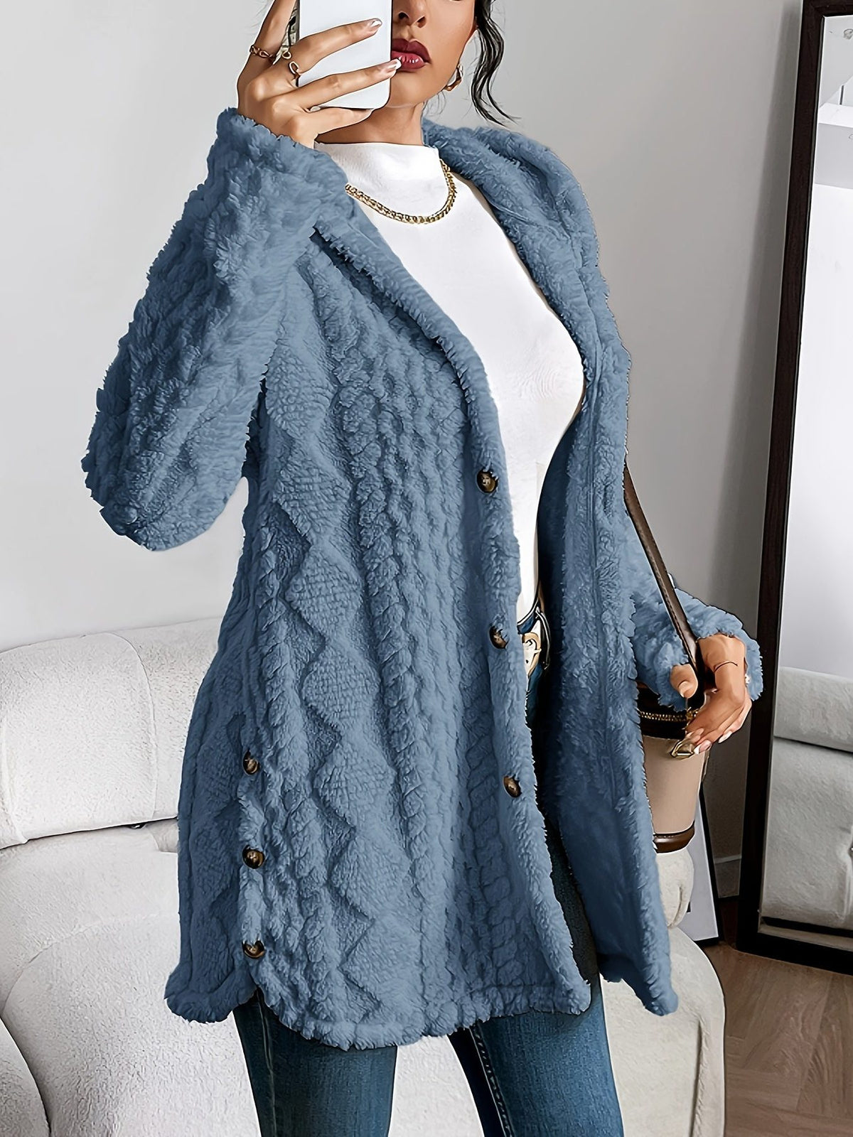 Textured Long Coat with Hood for Women - Denim Blue