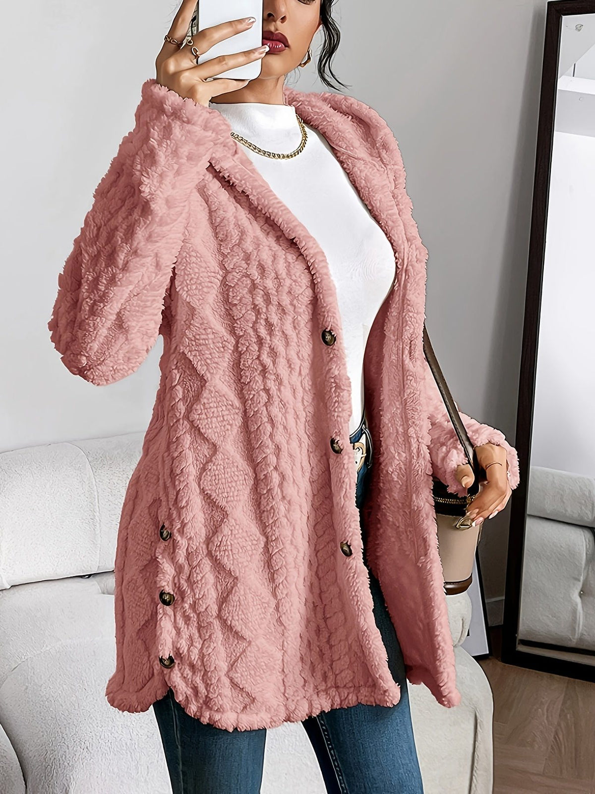 Textured Long Coat with Hood for Women - Pink