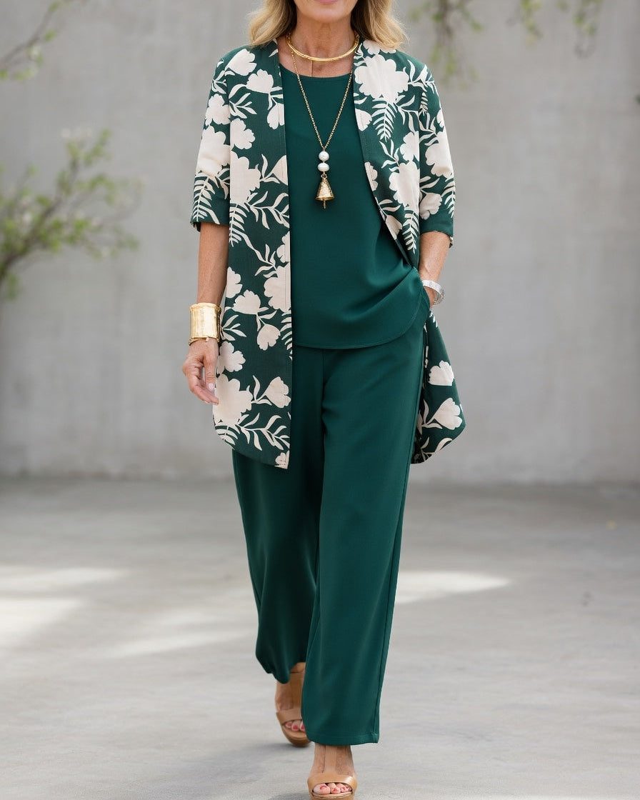 Three-Piece Floral Cardigan Set for Women - Vert