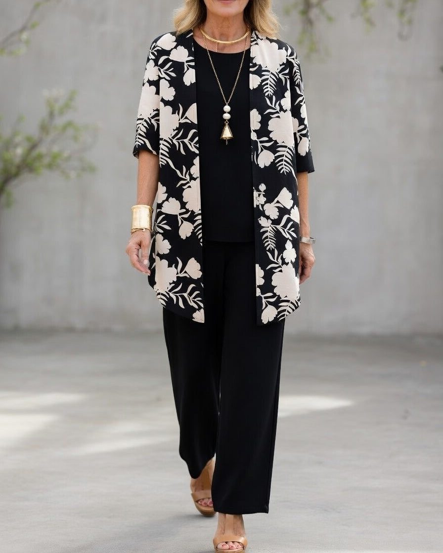 Three-Piece Floral Cardigan Set for Women - Noir