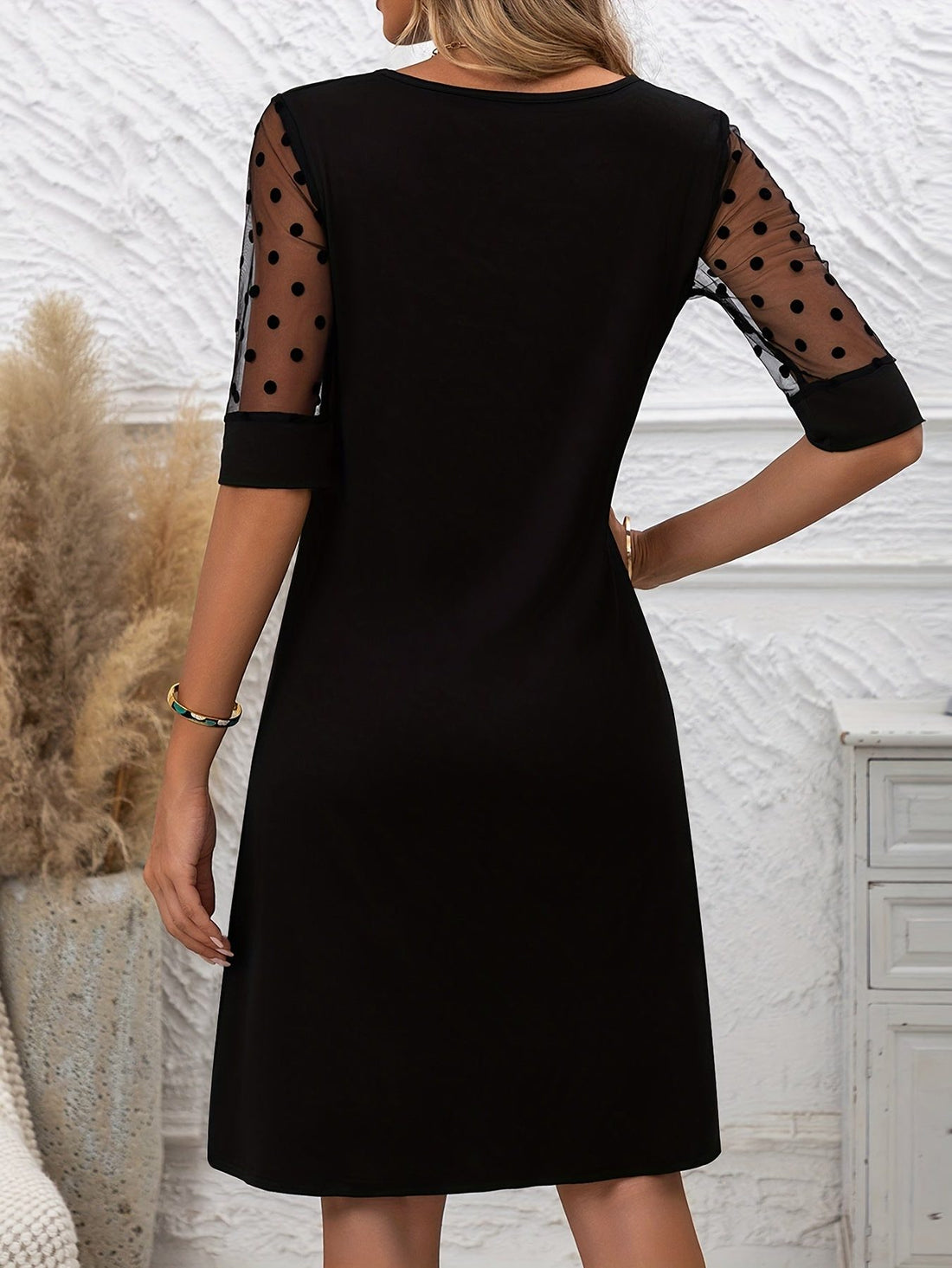 Three-Quarter Sleeve Lace A-Line Dress for Women