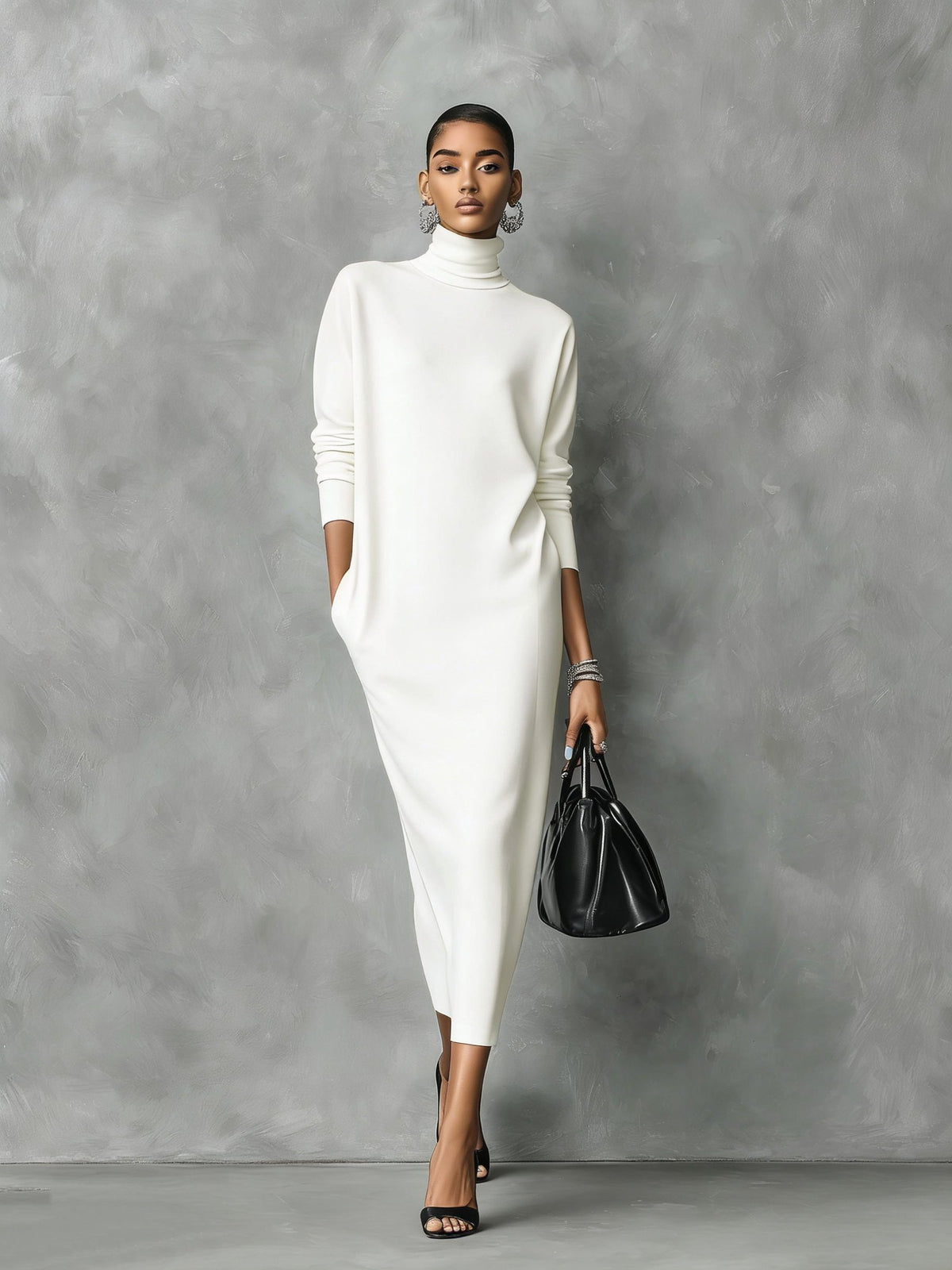 Turtleneck Sweater Midi Dress for Women - White