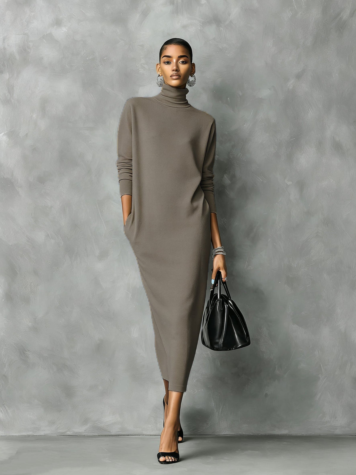 Turtleneck Sweater Midi Dress for Women - Khaki Brown