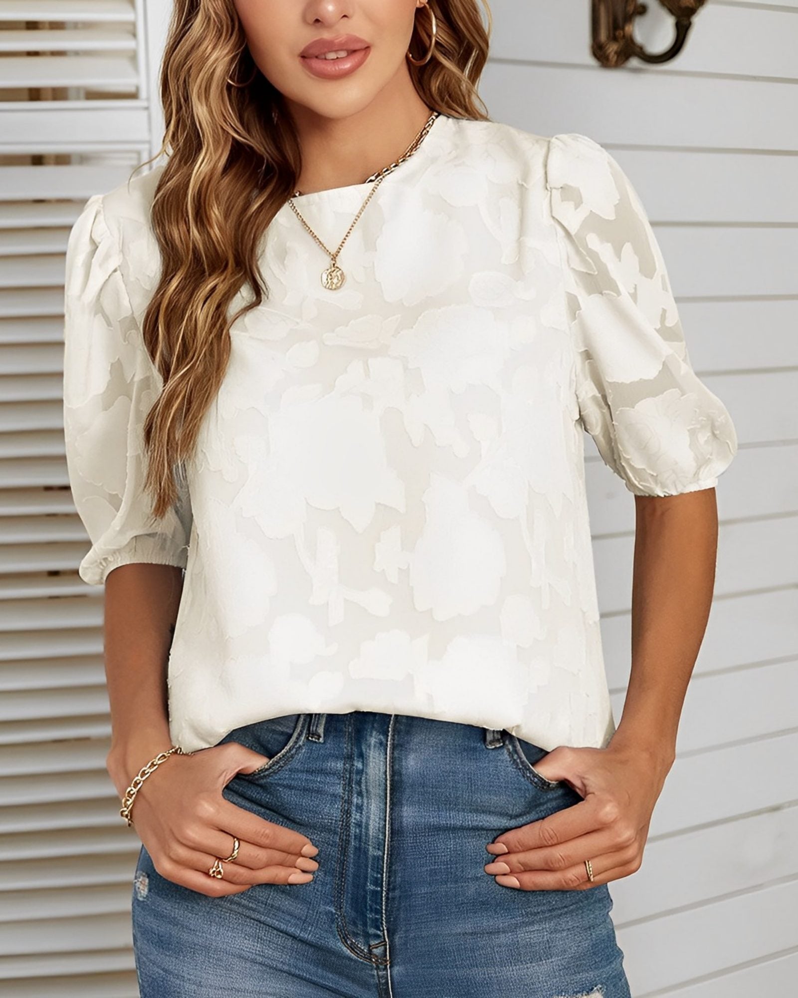 Puff Sleeve Crew Neck Blouse for Women