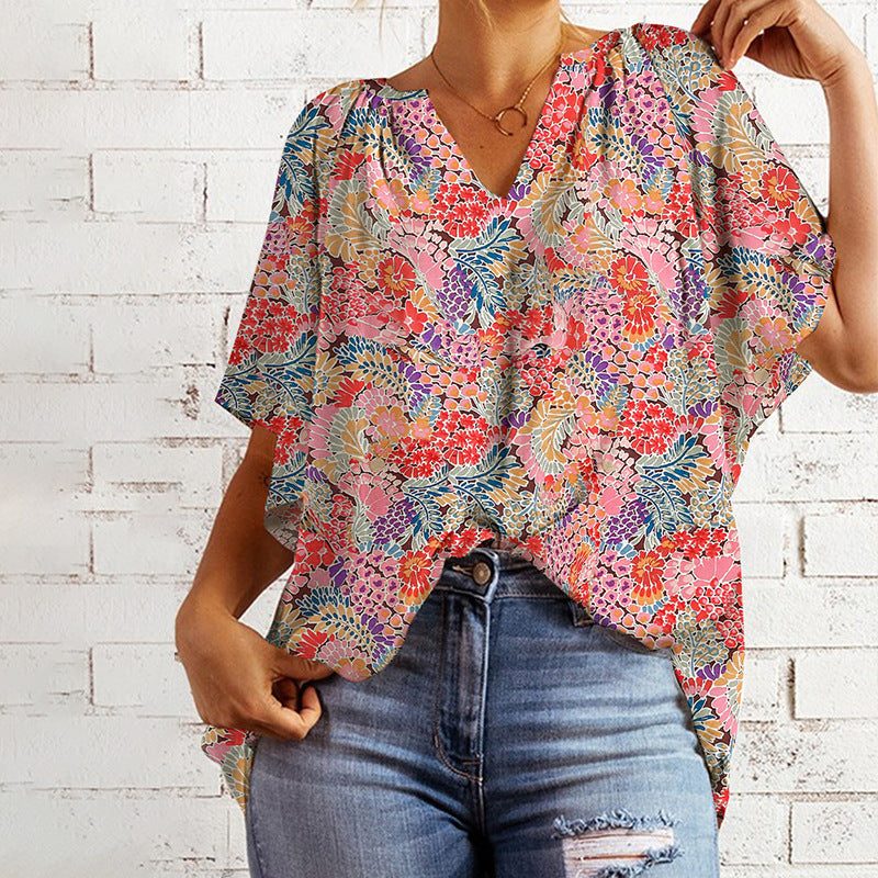 Floral V-Neck Short Sleeve Blouse for Women - View 2