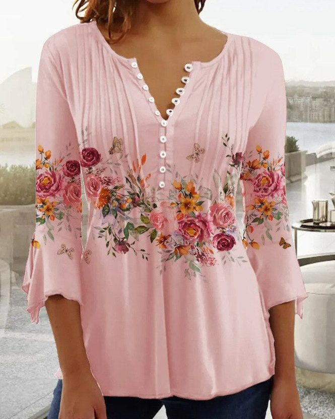 Button-Up V-Neck Floral Blouse with Three-Quarter Sleeves for Women