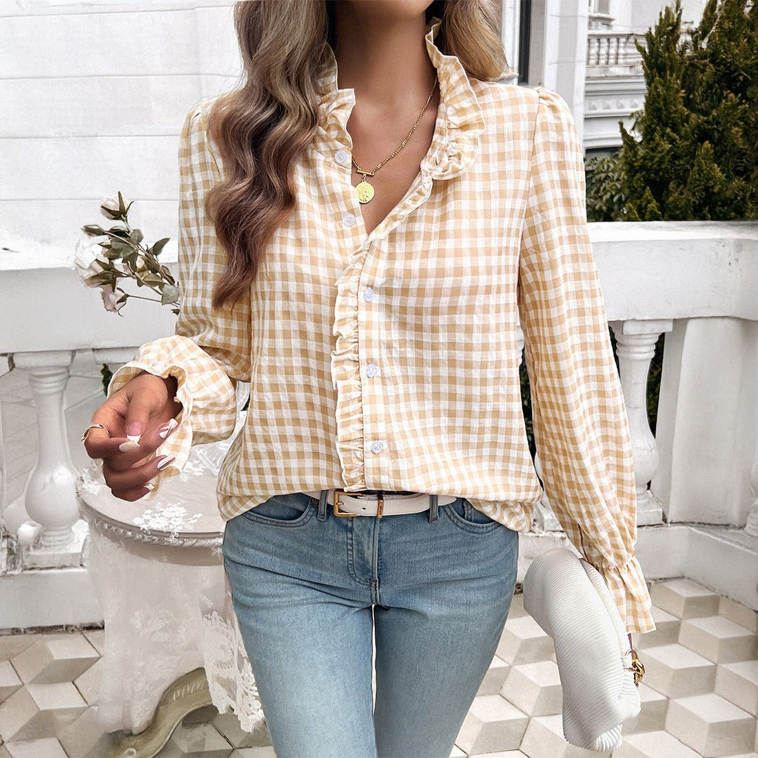 Gingham Ruffle Button-Down Blouse for Women