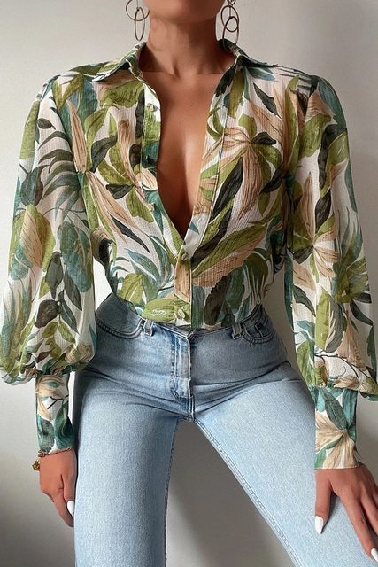 Tie-Front Floral Blouse for Women - Green Leaves