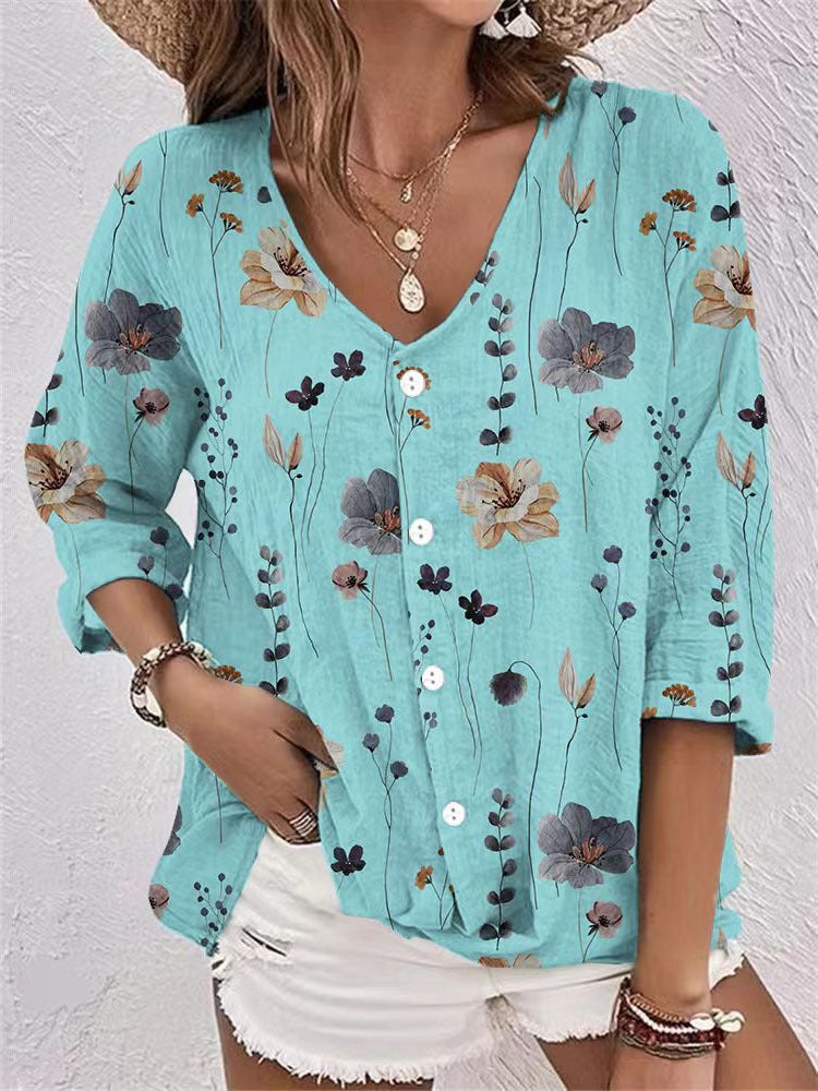 Button-Down Floral Blouse for Women - Green