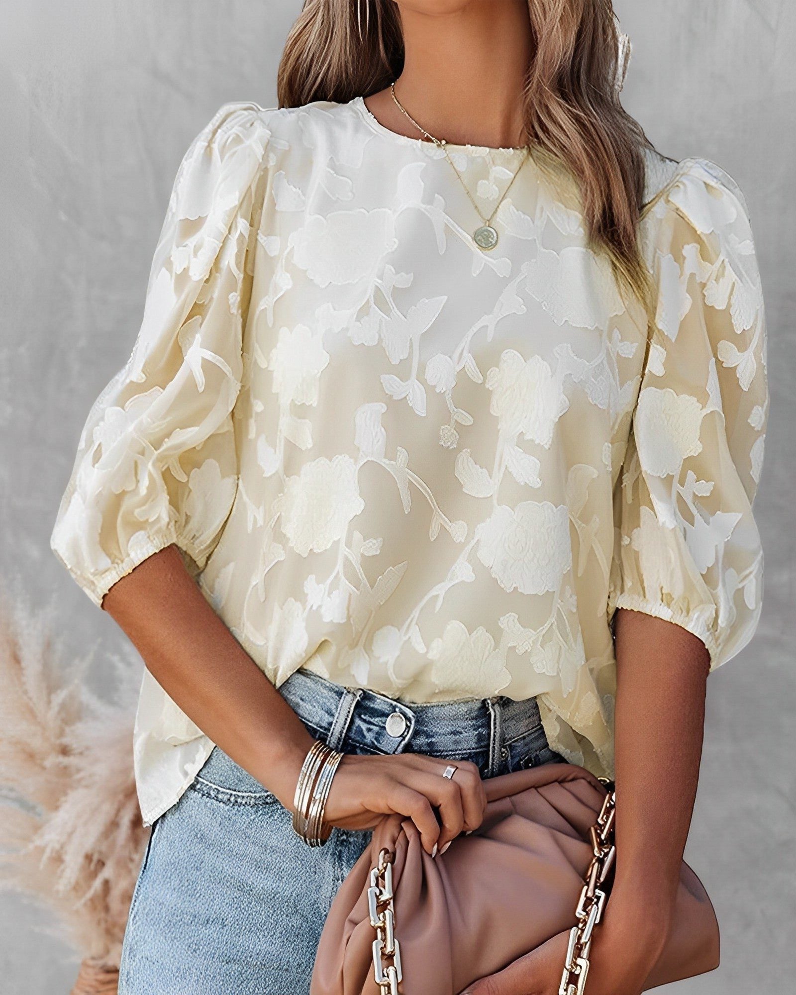 Puff Sleeve Crew Neck Blouse for Women - Apricot