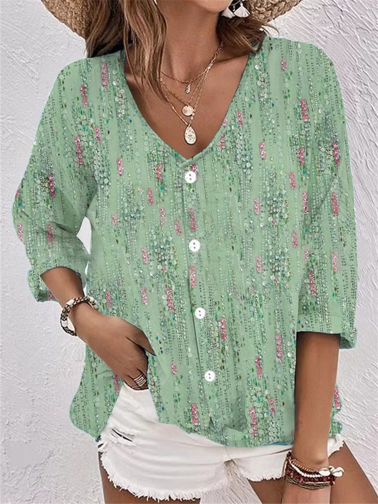Button-Down Floral Blouse for Women - Light Green