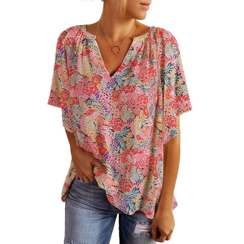 Floral V-Neck Short Sleeve Blouse for Women - View 5