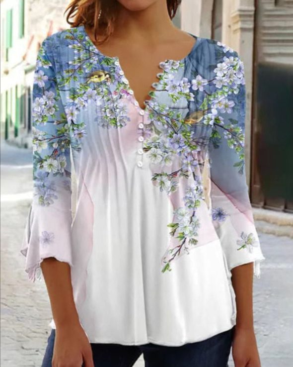 Button-Up V-Neck Floral Blouse with Three-Quarter Sleeves for Women - White-Blue
