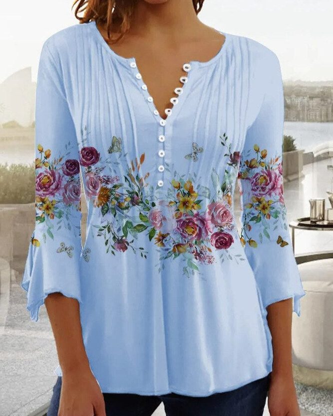 Button-Up V-Neck Floral Blouse with Three-Quarter Sleeves for Women - Sky Blue