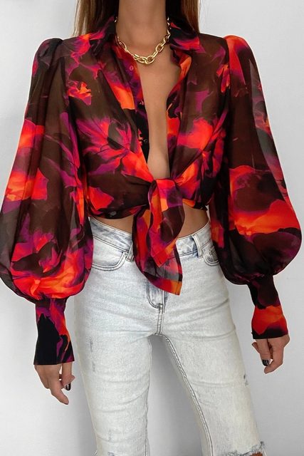 Tie-Front Floral Blouse for Women - Light Red