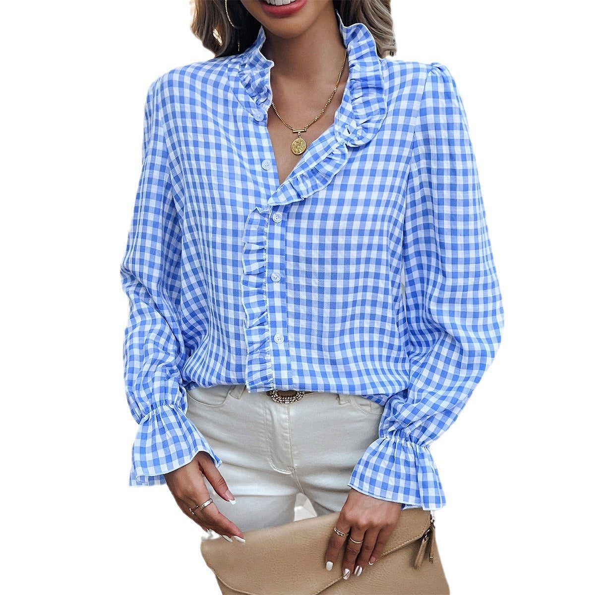 Gingham Ruffle Button-Down Blouse for Women - View 5