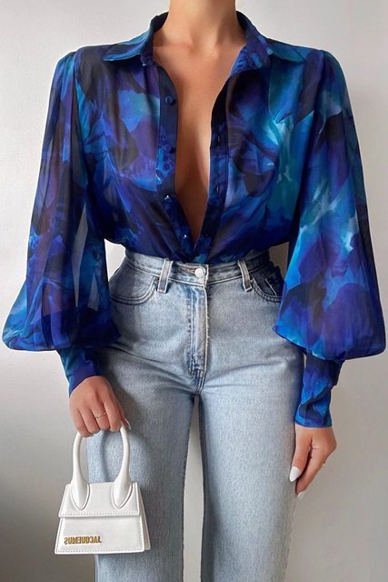 Tie-Front Floral Blouse for Women - Blue