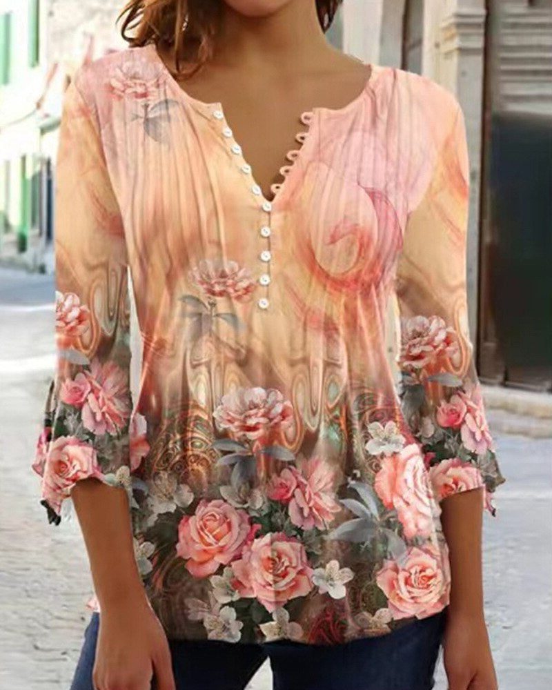 Button-Up V-Neck Floral Blouse with Three-Quarter Sleeves for Women - Orange