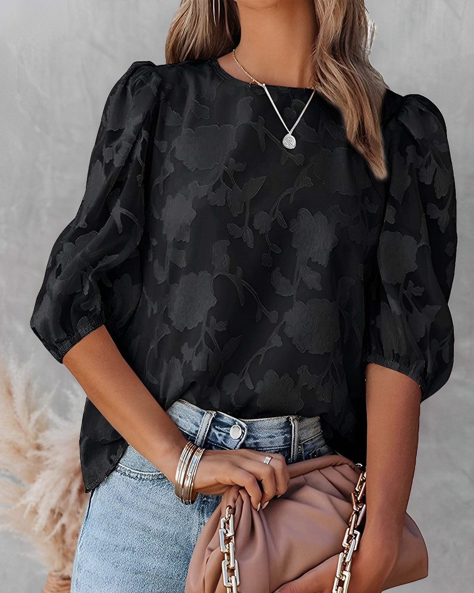 Puff Sleeve Crew Neck Blouse for Women - Black