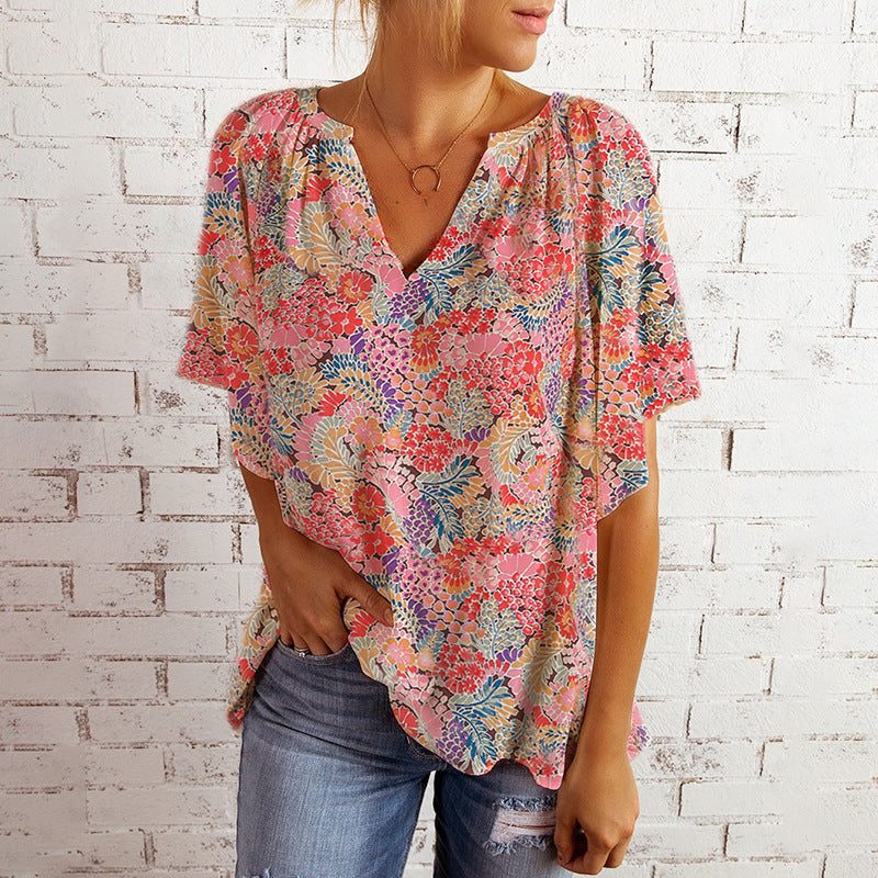 Floral V-Neck Short Sleeve Blouse for Women