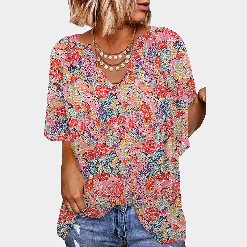 Floral V-Neck Short Sleeve Blouse for Women - View 4