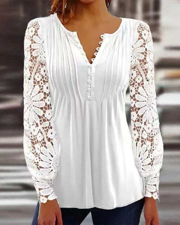 Button-Up V-Neck Floral Blouse with Three-Quarter Sleeves for Women - White