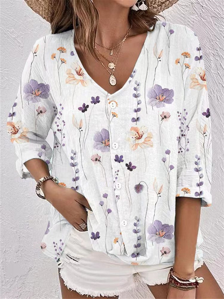 Button-Down Floral Blouse for Women - Purple