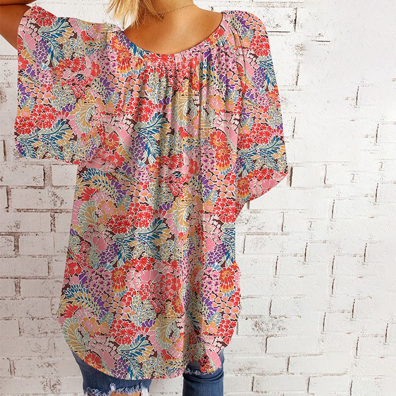 Floral V-Neck Short Sleeve Blouse for Women - View 3