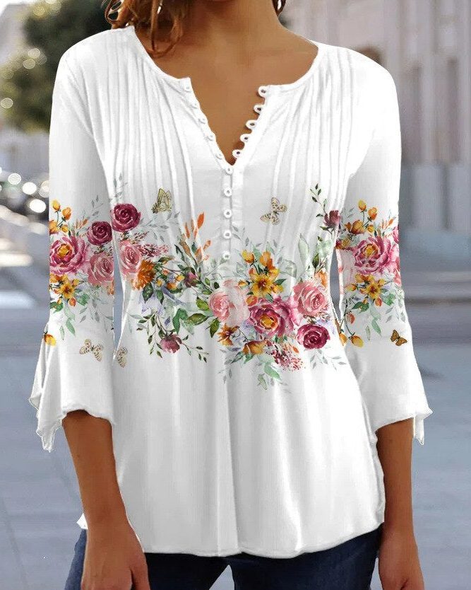 Button-Up V-Neck Floral Blouse with Three-Quarter Sleeves for Women