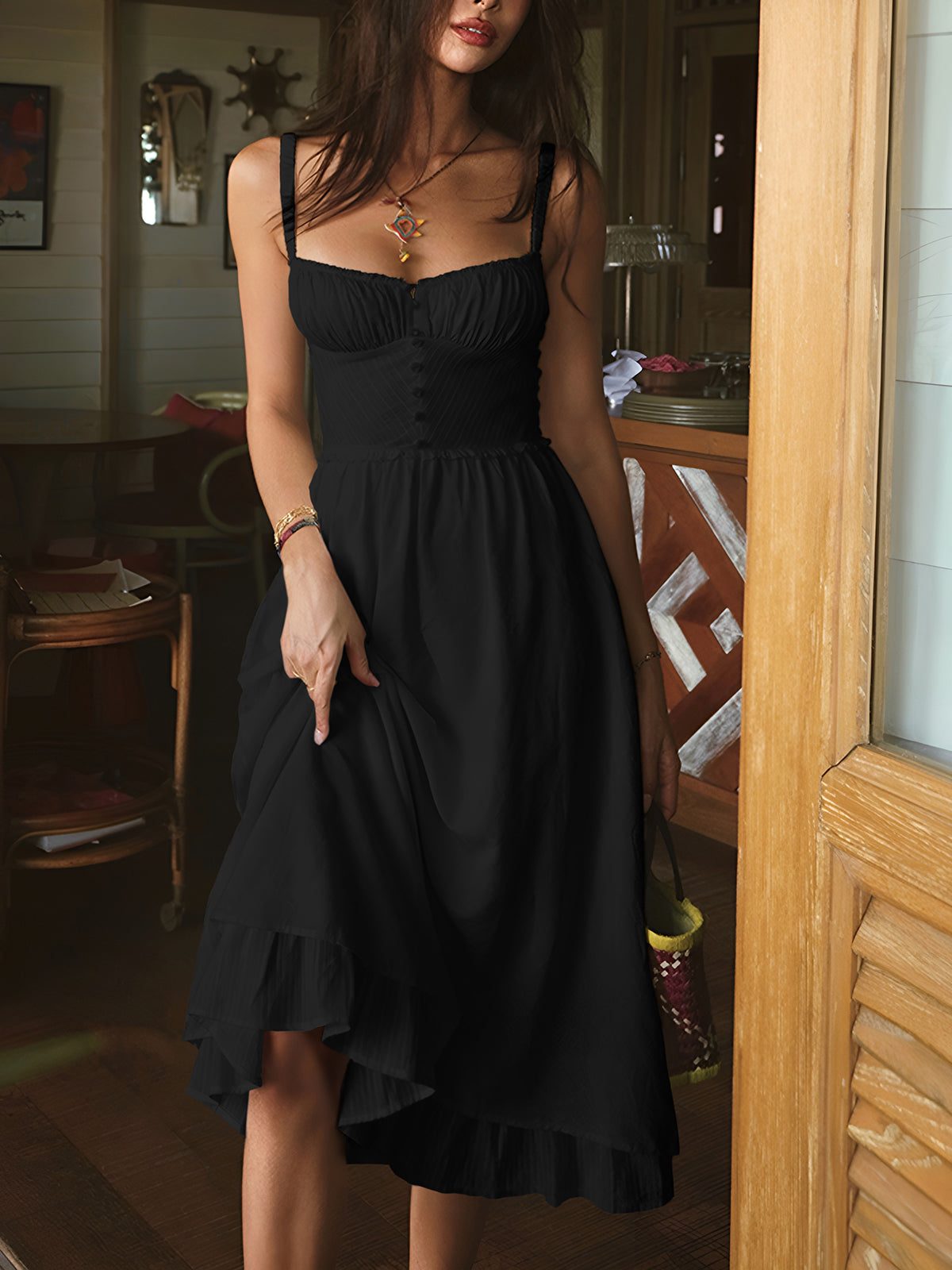 Sleeveless Button-Front Ruffle Hem Midi Dress for Women - Black