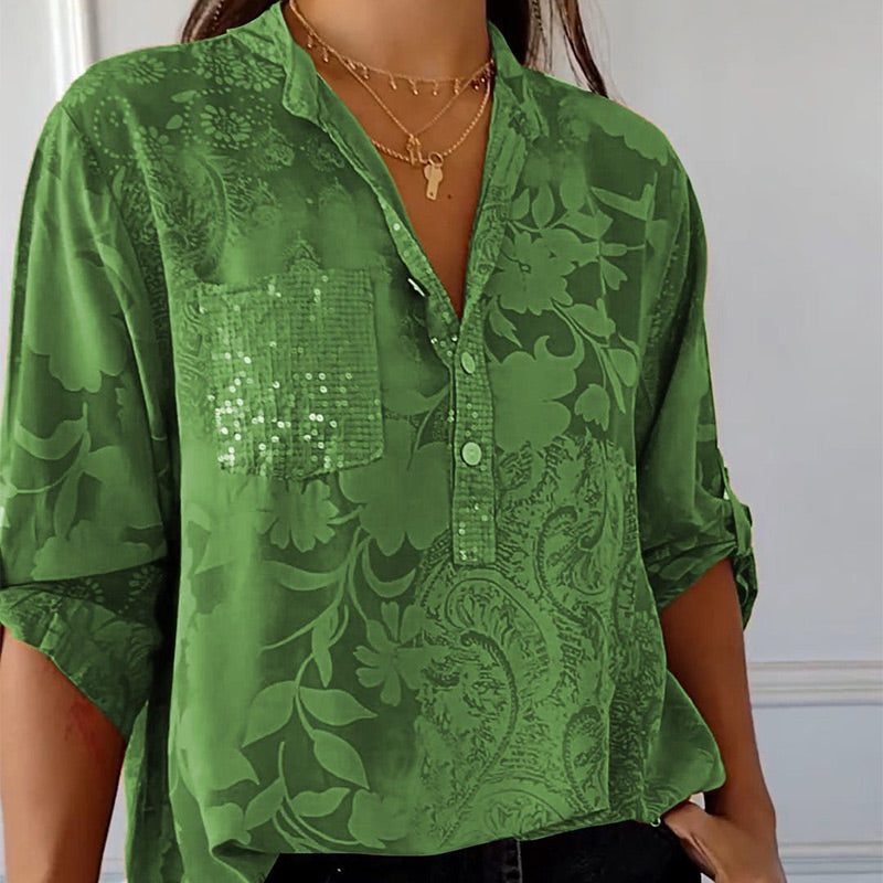 V-Neck Button-Down Blouse for Women - Green