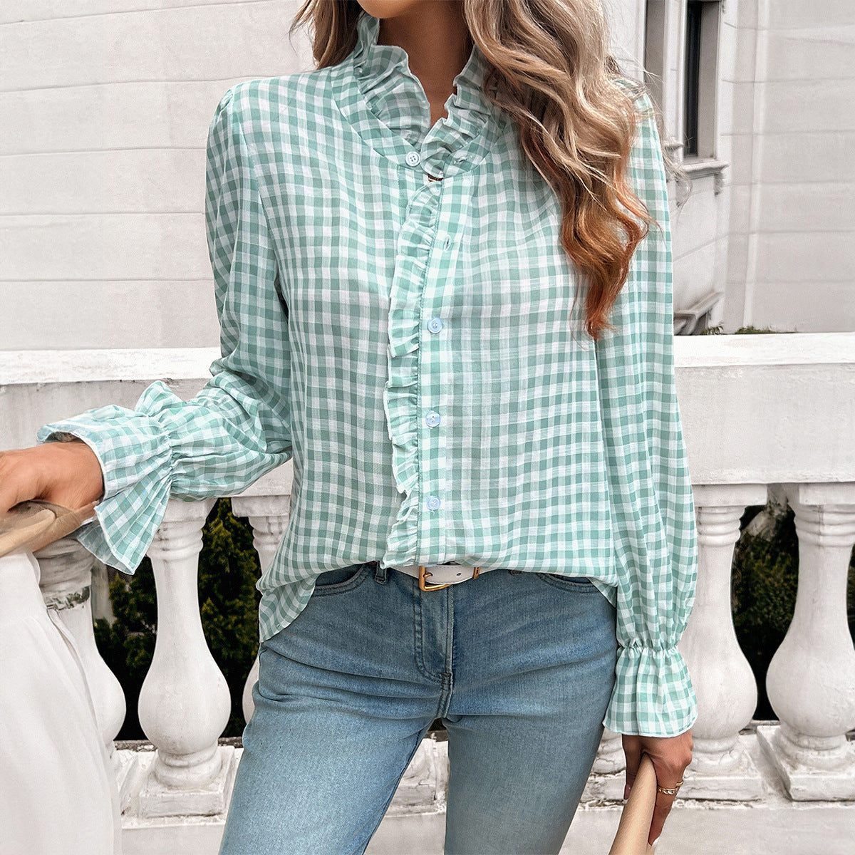 Gingham Ruffle Button-Down Blouse for Women - Nobility