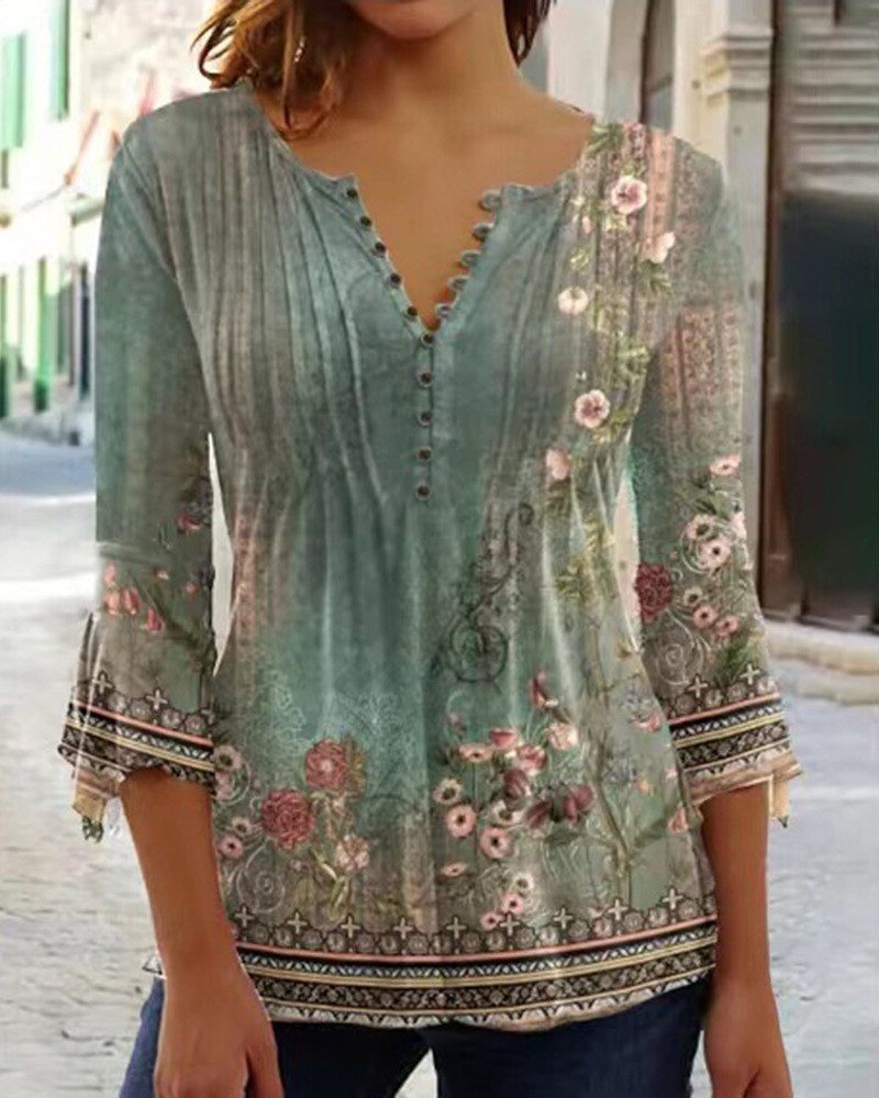 Button-Up V-Neck Floral Blouse with Three-Quarter Sleeves for Women - Green