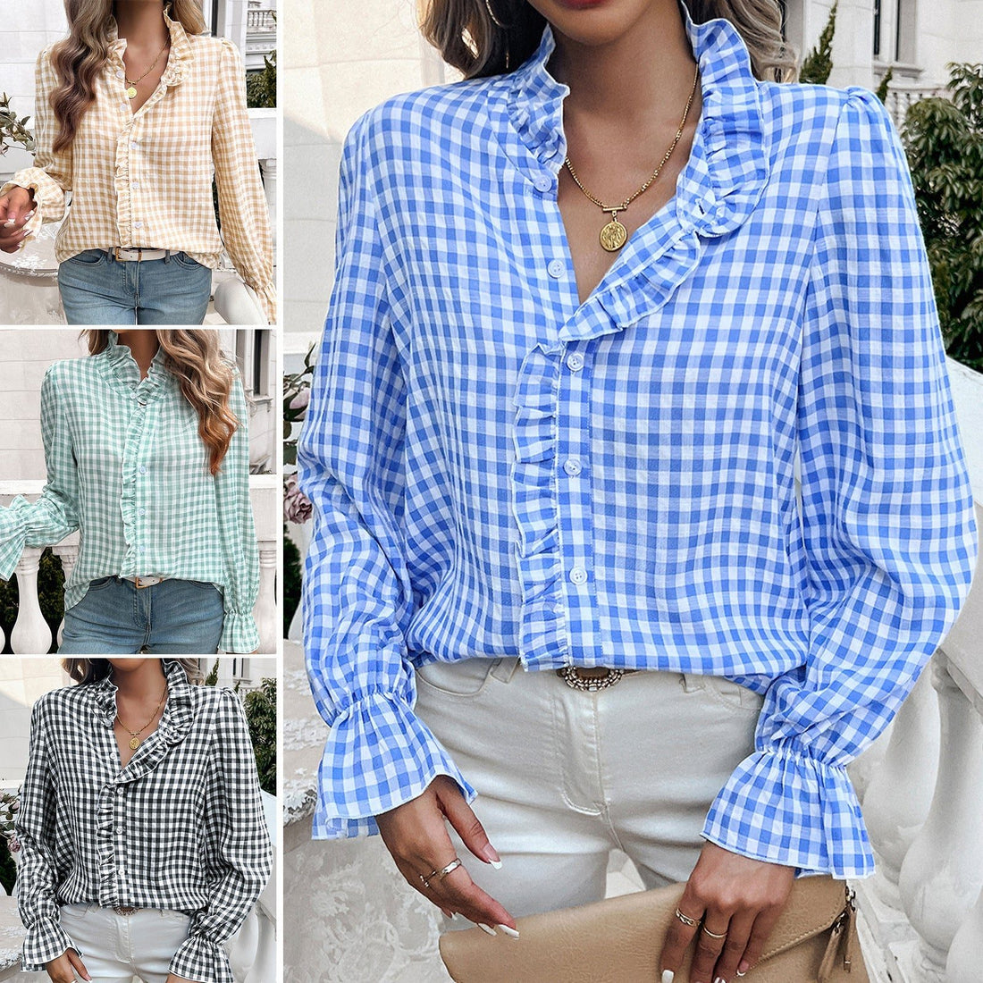 Gingham Ruffle Button-Down Blouse for Women