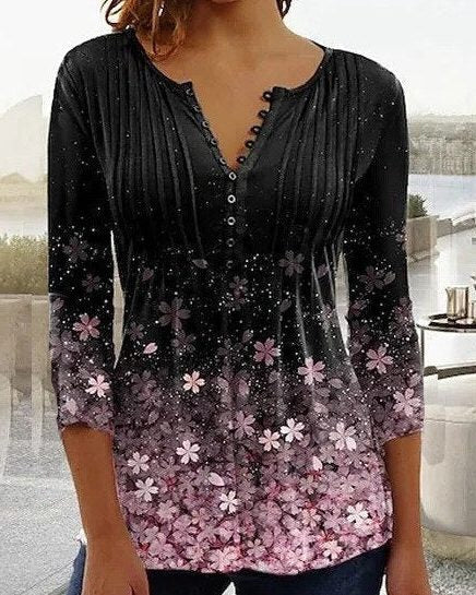 Button-Up V-Neck Floral Blouse with Three-Quarter Sleeves for Women - Black