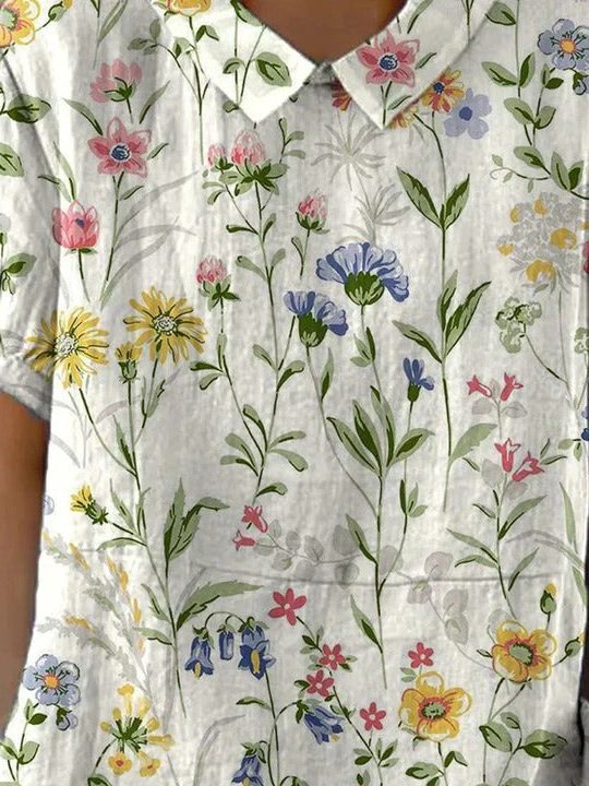 Button-Down Short Sleeve Shirt with Retro Floral Print for Women