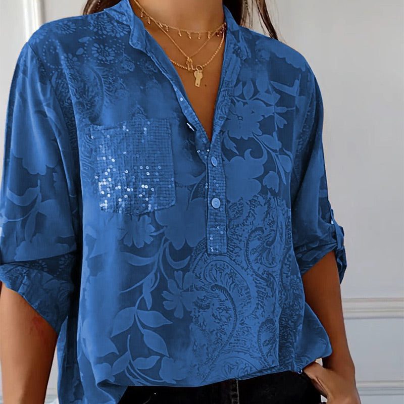 V-Neck Button-Down Blouse for Women - Dark Blue