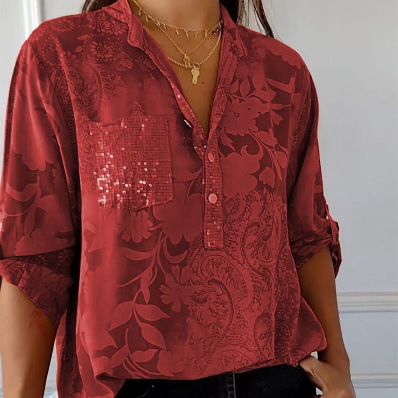 V-Neck Button-Down Blouse for Women - Burgundy