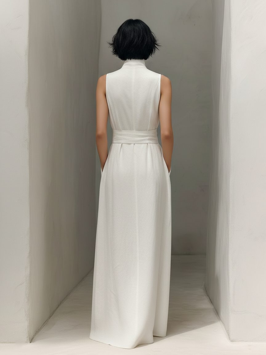 V-Neck Belted Sleeveless Linen Maxi Dress for Women - View 5