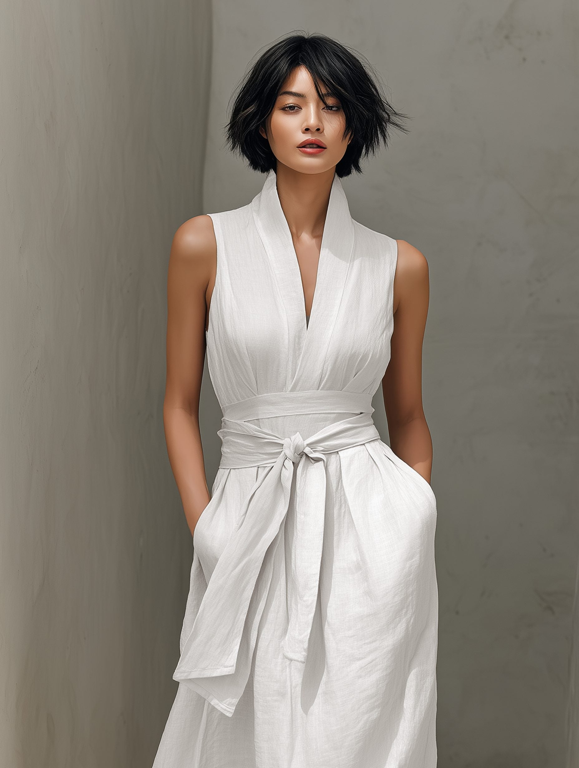 V-Neck Belted Sleeveless Linen Maxi Dress for Women - View 3