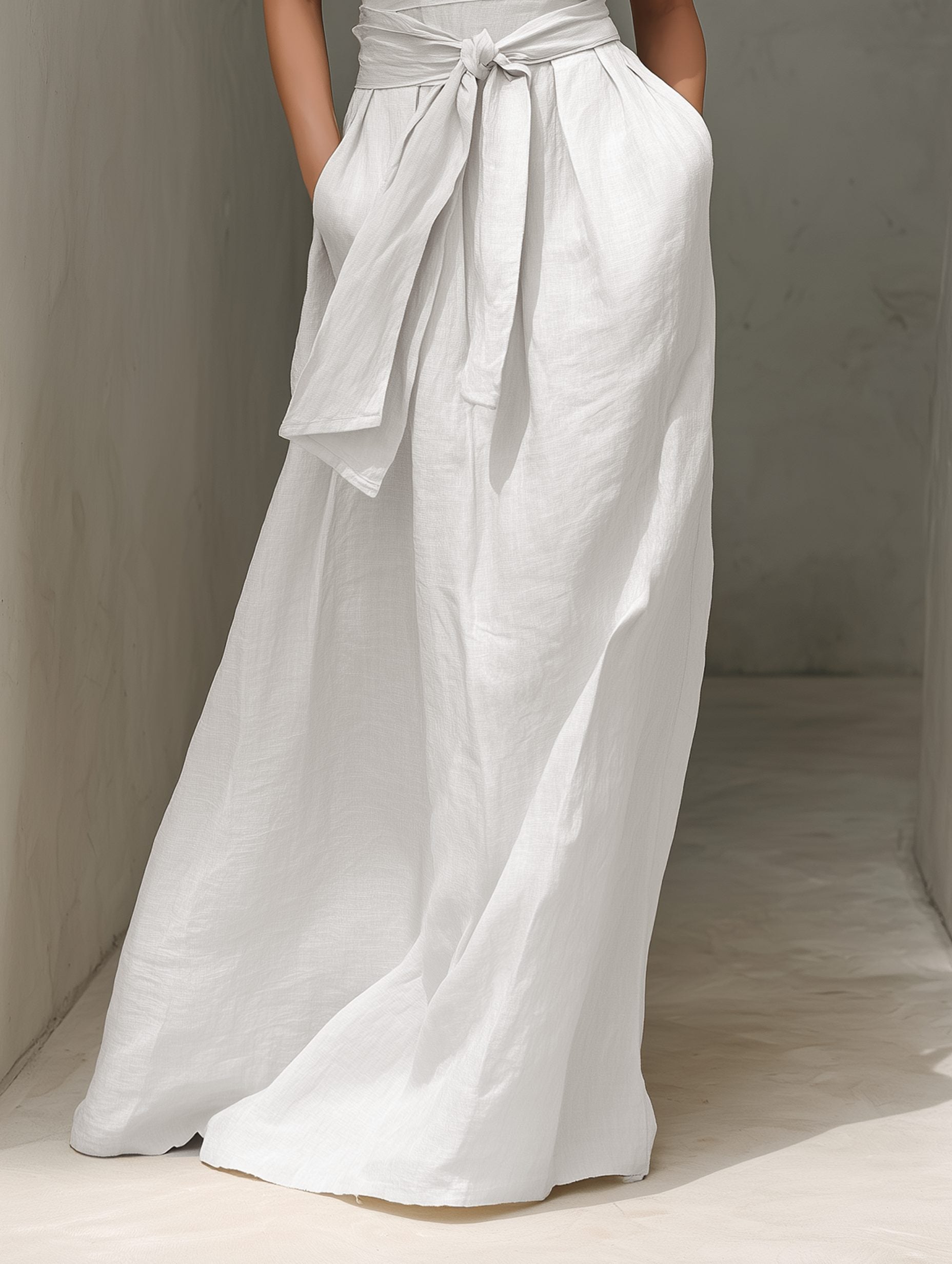 V-Neck Belted Sleeveless Linen Maxi Dress for Women - View 4