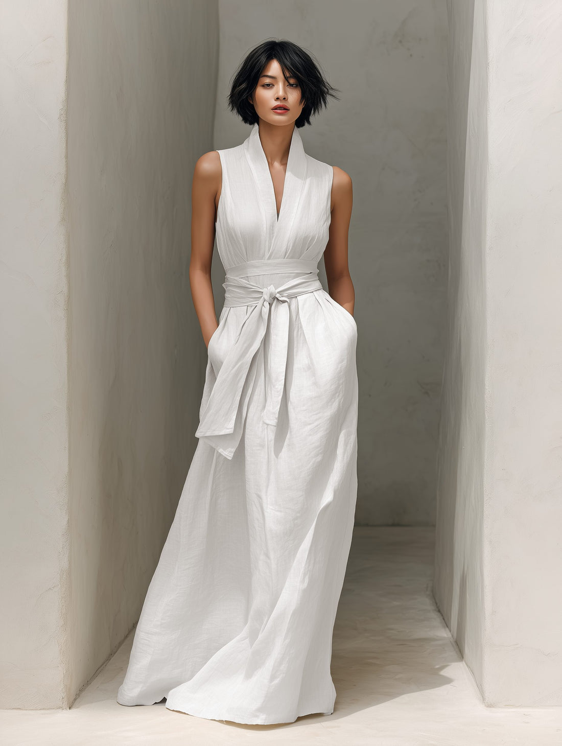 V-Neck Belted Sleeveless Linen Maxi Dress for Women - View 5