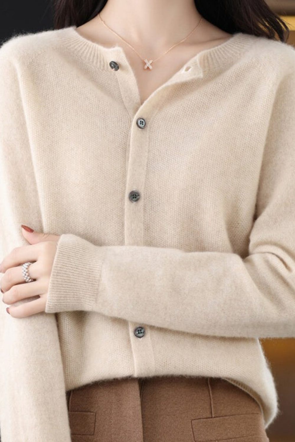 V-Neck Button-Down Cardigan for Women - Beige