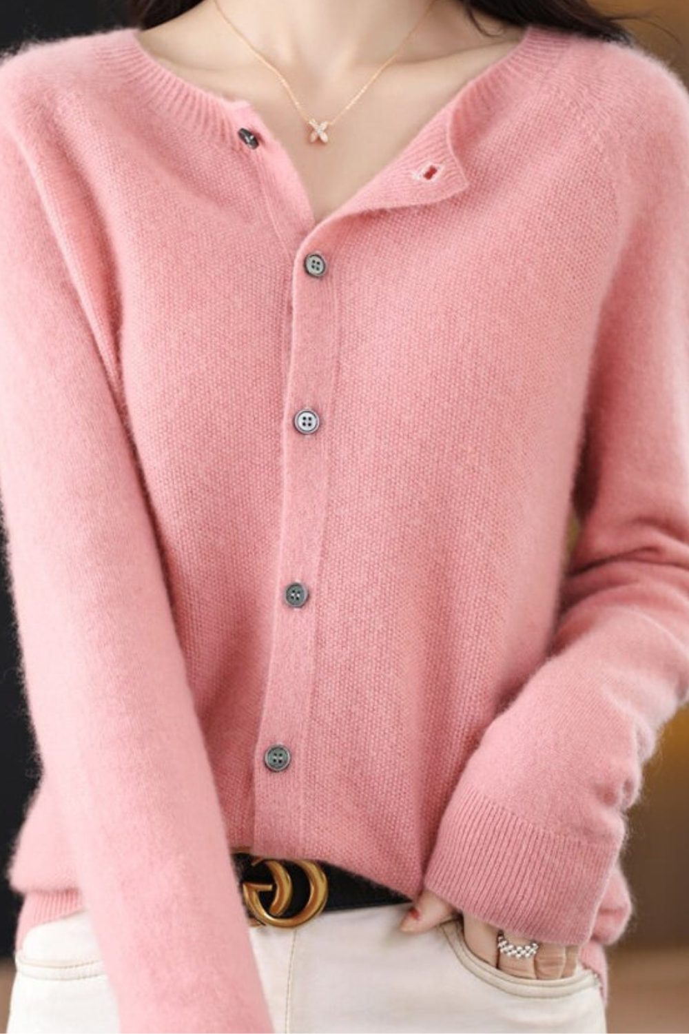 V-Neck Button-Down Cardigan for Women - Light Pink